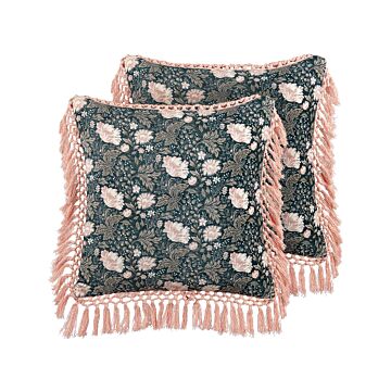 Set Of 2 Decorative Cushions Blue Pink Cotton 45 X 45 Cm Velvet Flower Motif Fringed Modern Glamour Decor Beliani