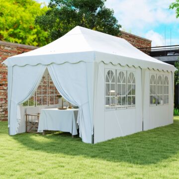 Outsunny 3 X 6m Pop Up Gazebo With Sides, Upf50+ Height Adjustable Party Tent Instant Event Shelter With Carry Bag And Sand Bags For Garden, Patio, White