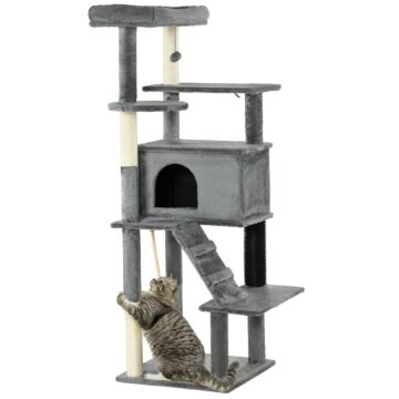 Pawhut Cat Tree Tower For Indoor Cats, With Scratching Post, Cat House, Toy, Grey