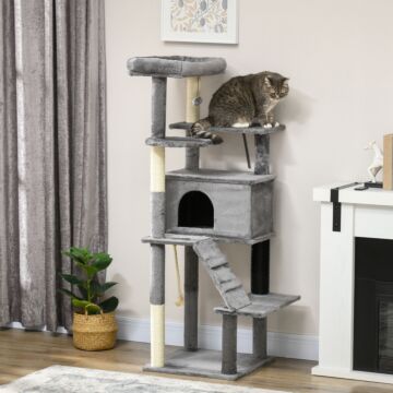 Pawhut Cat Tree Tower For Indoor Cats, With Scratching Post, Cat House, Toy, Grey
