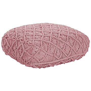 Floor Cushion Pink Cotton 50 X 50 X 20 Cm Macrame Pattern Square Fabric Seating Pouffe Beliani