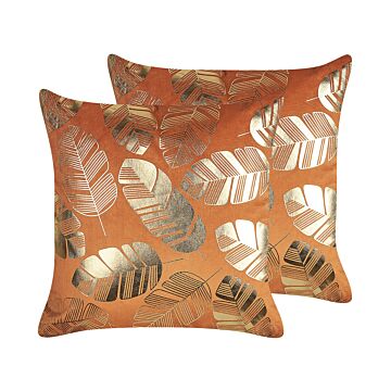 Set Of 2 Decorative Cushions Orange Velvet 45 X 45 Cm Gold Leaf Foil Print Glamour Decor Accessories Beliani
