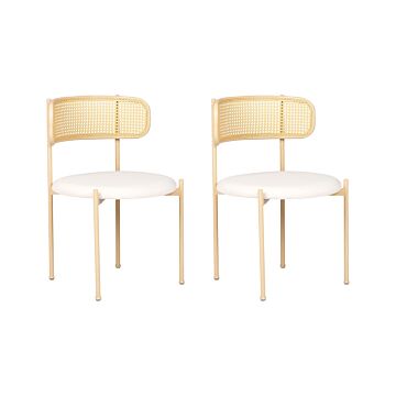 Set Of 2 Accent Dining Chairs Metal Light Wood Effect Frame Beige Fabric Seat Viennese Braid Backrest Retro Seating Beliani