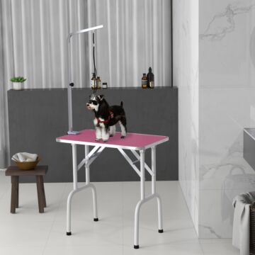 Pawhut 32" Foldable Dog Grooming Table Pet Drying Beauty Table Adjustable Fixed Arm Rubber Top, Pink