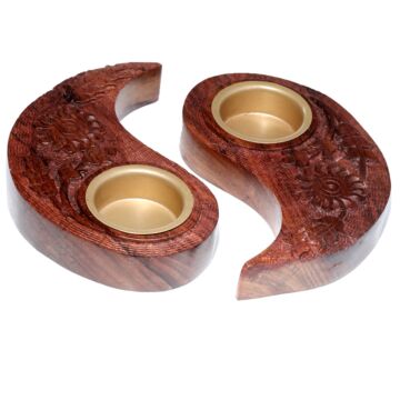 Carved Wood Round Yin Yang Tea Light Holder (item Price Is For Both Halves)