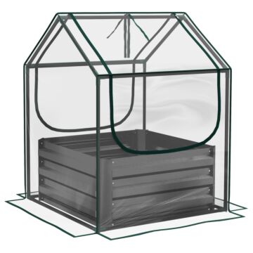 Outsunny Metal Planter Box With Cover, Raised Garden Bed With Greenhouse, For Herbs And Vegetables, Clear And Dark Grey