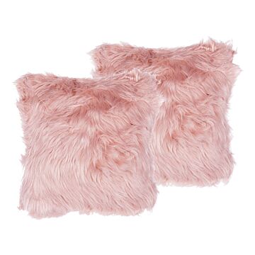 Set Of 2 Decorative Cushions Pink Faux Fur Shaggy 42 X 42 Cm One Sided Decor Accessories Beliani