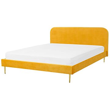 Bed Yellow Velvet Upholstery Eu Super King Size Golden Legs Headboard Slatted Frame 6 Ft Minimalist Design Beliani