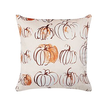 Decorative Cushion Beige Velvet 45 X 45 Cm Pumpkin Pattern Square Modern Minimalist Autumn Decor Accessories Beliani