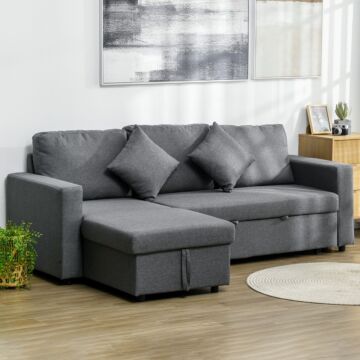 Homcom Corner Sofa Bed With Storage, 3 Seater Pull Out Sofa Bed, Convertible L Shape Sofa Couch With Reversible Chaise Lounge, Dark Grey