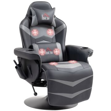 Homcom Massage Recliner Chair With Remote, Pu Leather Recliner Armchair With Cup Holders And Side Pockets, Racing Style Reclining Chair With Headrest, 360° Swivel, Lumbar Support, Grey