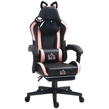 Homcom Cat Ear And Paw Reclining Office Chair, With Footrest - Black/pink