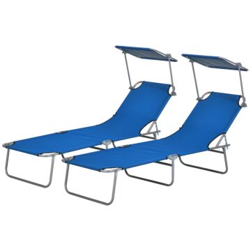 Outsunny Outdoor Foldable Sun Lounger Set Of 2, 4 Level Adjustable Backrest Reclining Sun Lounger Chair With Angle Adjust Sun Shade Awning For Beach, Garden, Patio, Blue