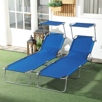 Outsunny Outdoor Foldable Sun Lounger Set Of 2, 4 Level Adjustable Backrest Reclining Sun Lounger Chair With Angle Adjust Sun Shade Awning Blue