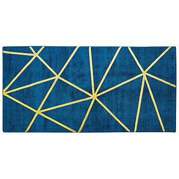 Area Rug Blue With Gold Geometric Pattern Viscose With Cotton 80 X 150 Cm Handloomed Modern Glam Style Beliani