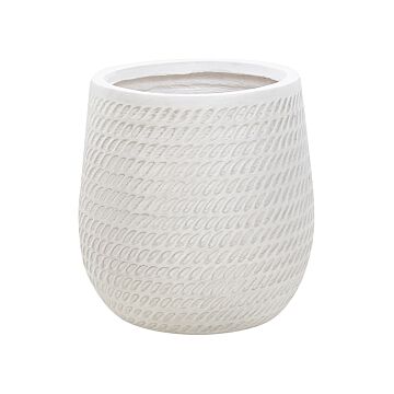 Plant Pot Off-white Fibre Clay ⌀ 27 Cm Round Outdoor Flower Pot Embossed Pattern Beliani