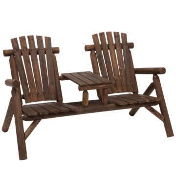 Outsunny Wood Patio Chair Bench 2 Seats With Center Coffee Table, Garden Loveseat Bench Backyard, Perfect For Lounging Relaxing Outdoors, Carbonized