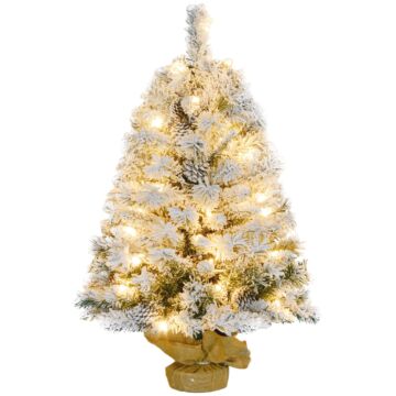 Homcom 3ft Prelit Artificial Christmas Tree With Warm White Led Light And 133 Tips, Concrete Base, Flocked Xmas Tree With Pine Cones, Green