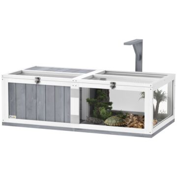 Pawhut Wooden Tortoise House With Lamp Holder, Clear Observation Window, Openable Tops, Built-in Tray, Light Grey
