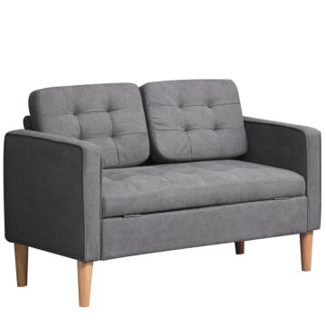 Homcom Modern 2 Seater Sofa With Hidden Storage, 117cm Tufted Cotton Couch, Compact Loveseat Sofa With Wood Legs, Grey