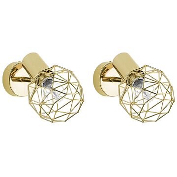 Set Of 2 Wall Lamps Gold Metal Cage Shade Adjustable Light Position Modern Scones Glamour Style Beliani