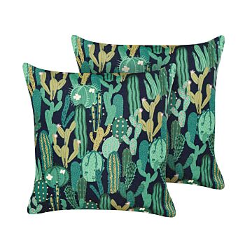 Set Of 2 Garden Cushions Green Polyester Cactus Pattern 45 X 45 Cm Square Modern Outdoor Patio Water Resistant Beliani