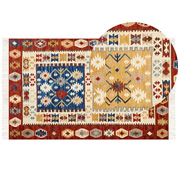 Kilim Area Rug Multicolour Wool 140 X 200 Cm Hand Woven Flat Weave Oriental Pattern With Tassels Traditional Living Room Bedroom Beliani