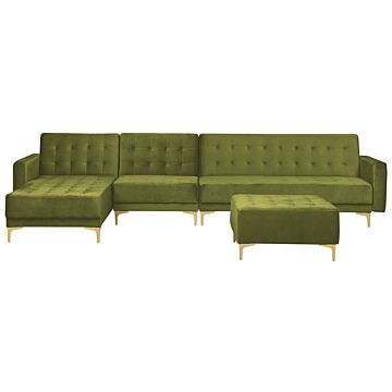 Corner Sofa Bed Green Velvet Tufted Fabric Modern L-shaped Modular 5 Seater With Ottoman Right Hand Chaise Longue Beliani