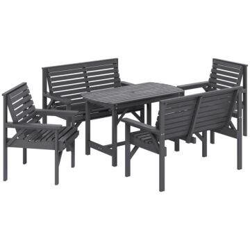 Outsunny 5 Piece Wooden Garden Dining Set For 6, Outdoor Conversation Set With 2 Armchairs, 2 Loveseats And Dining Table With Umbrella Hole For Patio, Balcony, Grey