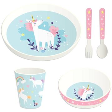 Recycled Rpet Set Of 5 Kids Cup, Bowl, Plate & Cutlery Set - Unicorn Magic