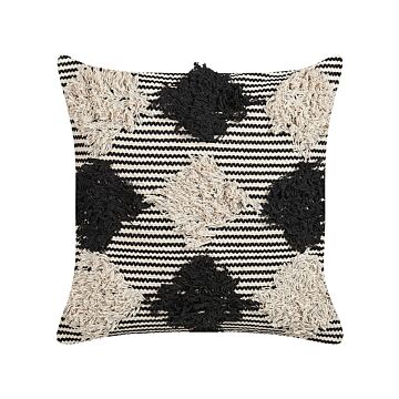 Scatter Cushion Beige And Black Cotton 50 X 50 Cm Geometric Pattern Handwoven Removable Cover With Filling Beliani
