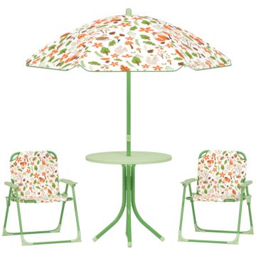 Aiyaplay 4 Pieces Kids Garden Table And Chair Set With Adjustable Parasol, Folding Chairs, Table, Fox Pattern, Green