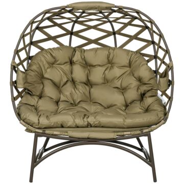 Outsunny 2 Seater Egg Chair Outdoor, Folding Weave Garden Furniture Chair With Cushion, Cup Pockets - Khaki