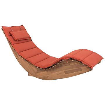 Sun Lounger Light Acacia Wood Slatted Design Rocking Feature Curved Shape With Red Seat Cushion Beliani