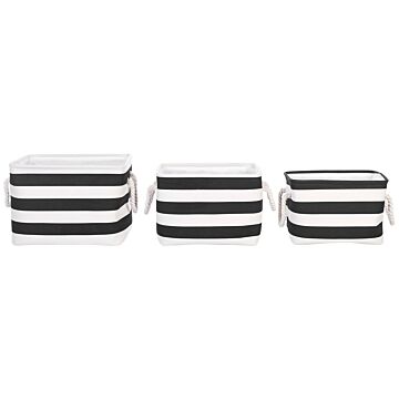 Set Of 3 Storage Baskets Polyester Cotton Black And White Laundry Bins Organization With Handles Traditional Living Room Bedroom Beliani