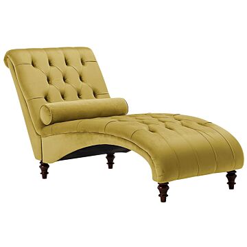 Chaise Lounge Mustard Yellow Velvet Chesterfield Buttoned Modern Living Room Chaise Wooden Legs Beliani