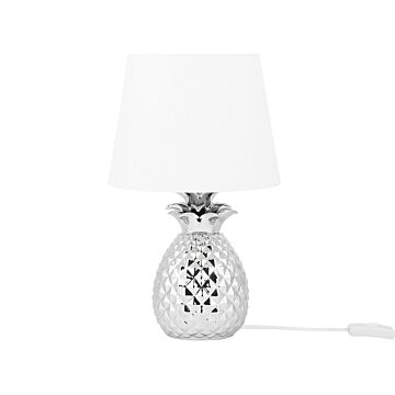 Decorative Table Lamp Silver With White Ceramic Glossy Base Pineapple Shape Polyester Shade Eclectic Design Beliani
