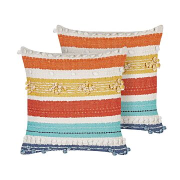 Set Of 2 Decorative Pillows Multicolour Cotton 45 X 45 Cm Geometric Pattern Boho Design Throw Cushions Beliani