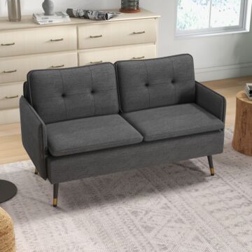 Homcom Modern Two Seater Sofa, Button Tufted Loveseat With Cushions And Steel Legs For Living Room, Guest Room, Dark Grey