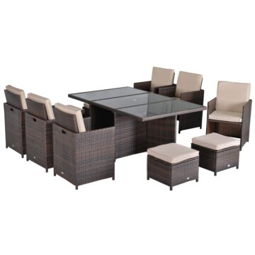 Outsunny Outdoor 11pc Rattan Garden Furniture Patio Dining Set 10-seater Cube Sofa Weave Wicker 6 Chairs 4 Footrests & 1 Table Mixed Brown