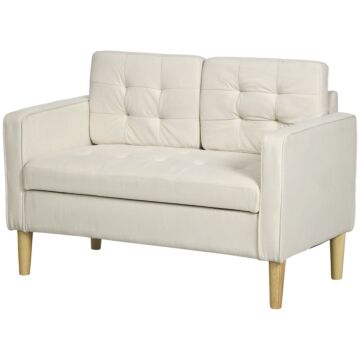Homcom Modern Loveseat Sofa, Compact 2 Seater Sofa With Hidden Storage, 117cm Tufted Cotton Couch With Wood Legs, Cream White