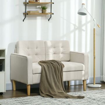 Homcom Modern Loveseat Sofa, Compact 2 Seater Sofa With Hidden Storage, 117cm Tufted Cotton Couch With Wood Legs, Cream White