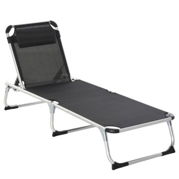 Outsunny Foldable Reclining Sun Lounger Lounge Chair Camping Bed Cot With Pillow 5-level Adjustable Back Aluminium Frame Black