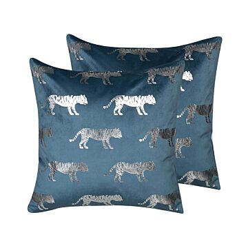 Set Of 2 Decorative Cushions Blue Velvet Animal Foil Print 45 X 45 Cm Tiger Motif Modern Glamour Decor Accessories Beliani