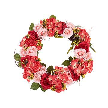 Door Wreath Red And Pink Handmade Decorative Artificial Flower Round 50 Cm Table Wall Décor Traditional Rustic Style Beliani