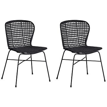 Set Of 2 Dining Chairs Black Rattan Wicker Metal Frame Rustic Indoor