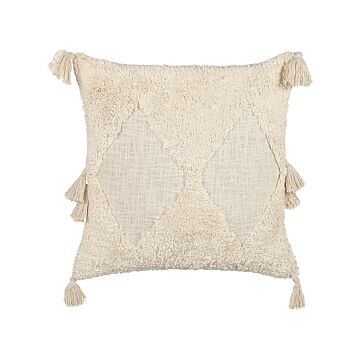Scatter Cushion Light Beige Cotton 45 X 45 Cm Geometric Pattern Tassels Removable Cover With Filling Boho Style Beliani
