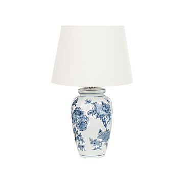 Bedside Table Lamp White And Blue Porcelain Base With Fabric Linen Shade Drum Shape 54 Cm Classic Style Living Room Bedroom Beliani