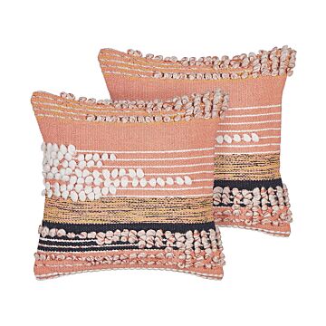 Set Of 2 Decorative Pillows Orange Cotton 45 X 45 Cm Striped Pattern Boho Design Throw Cushions Beliani