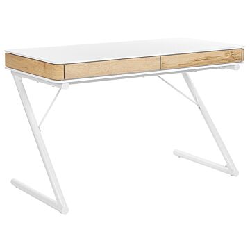 Home Office Desk White And Light Wood Mdf And Metal 120 X 60 Cm 2 Drawers Minimalist Scandinavian Design Beliani